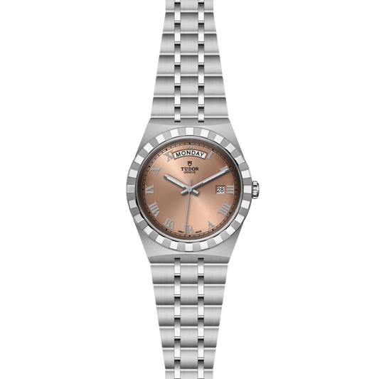 full view of Tudor watch showing the complete stainless steel integrated bracelet and clean 41mm case profile