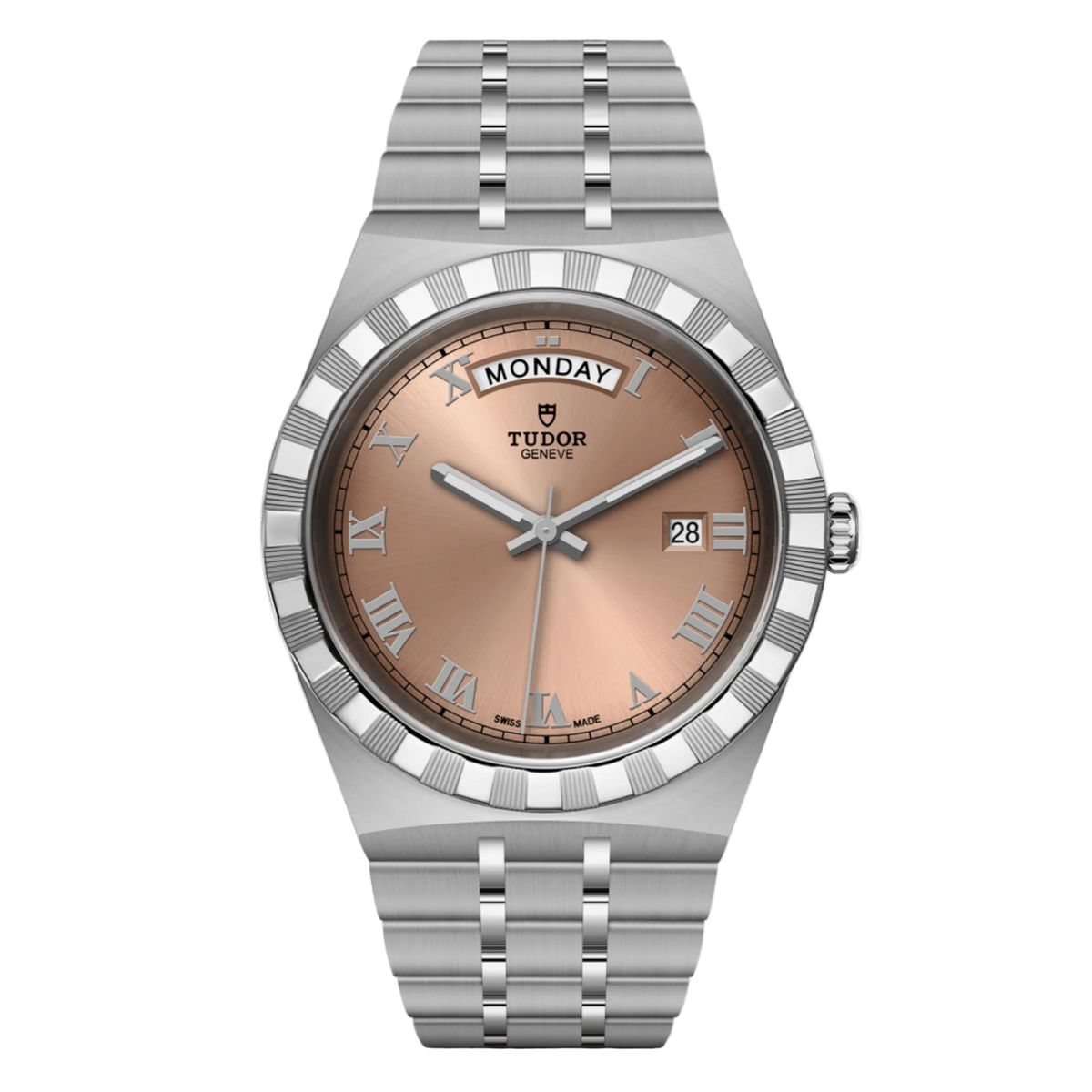 Tudor stainless steel watch with salmon dial, Roman numerals, day-date display and notched bezel