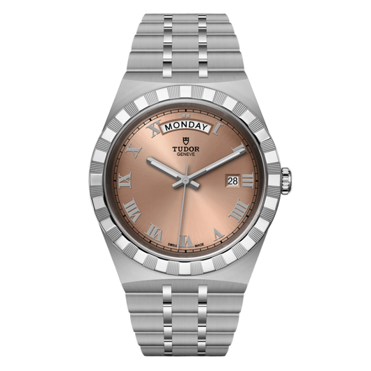 Tudor stainless steel watch with salmon dial, Roman numerals, day-date display and notched bezel