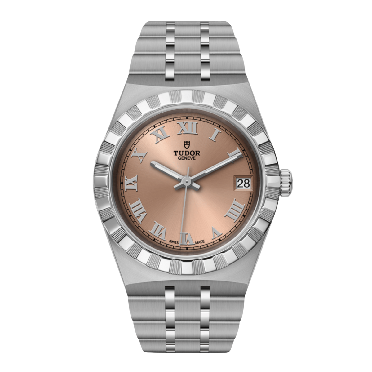 Tudor stainless steel watch with salmon dial, Roman numerals and fluted bezel