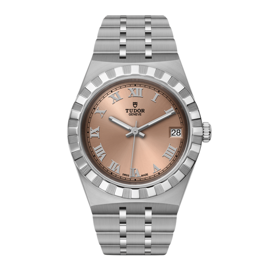 Tudor stainless steel watch with salmon dial, Roman numerals and fluted bezel