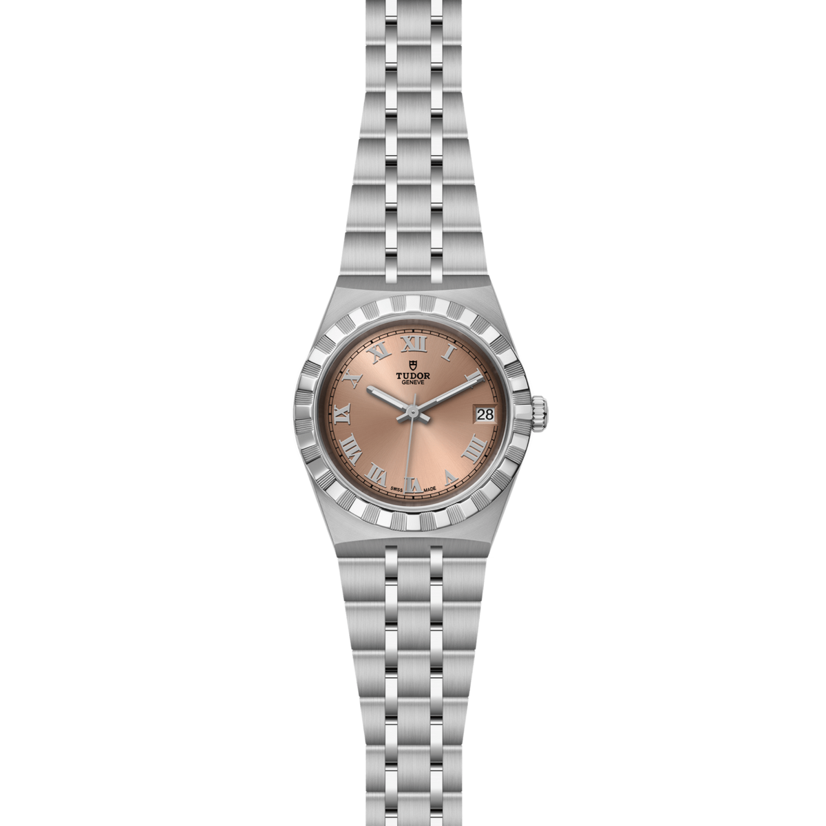 full view of Tudor watch showing the complete stainless steel bracelet and elegant case profile