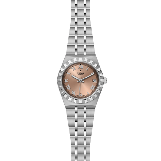 full view of Tudor watch showing the complete stainless steel bracelet and elegant case profile