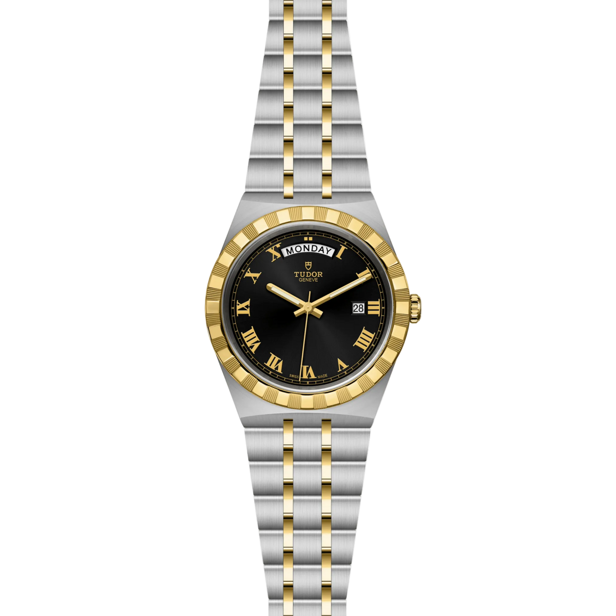 full view of Tudor watch showing the complete two-tone integrated bracelet and balanced 41mm case profile