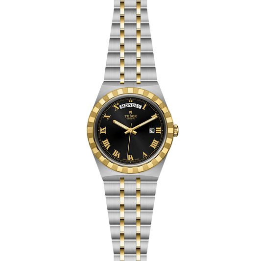 full view of Tudor watch showing the complete two-tone integrated bracelet and balanced 41mm case profile