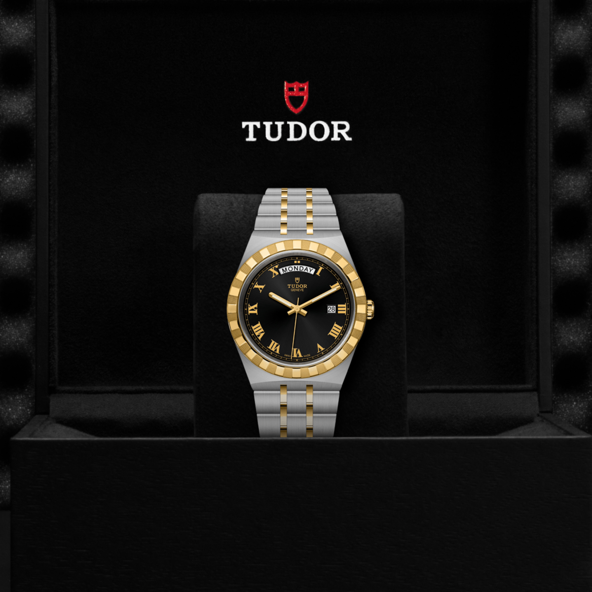 Tudor watch displayed in its presentation box showcasing the premium packaging and interior finish