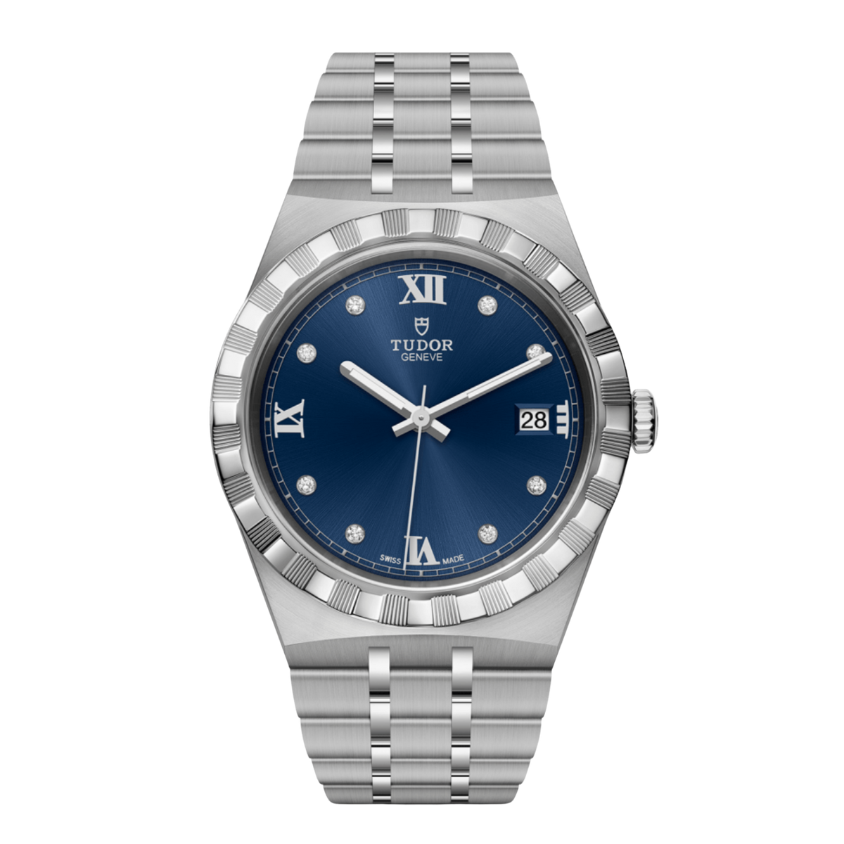 Tudor stainless steel watch with blue dial, diamond hour markers and fluted bezel