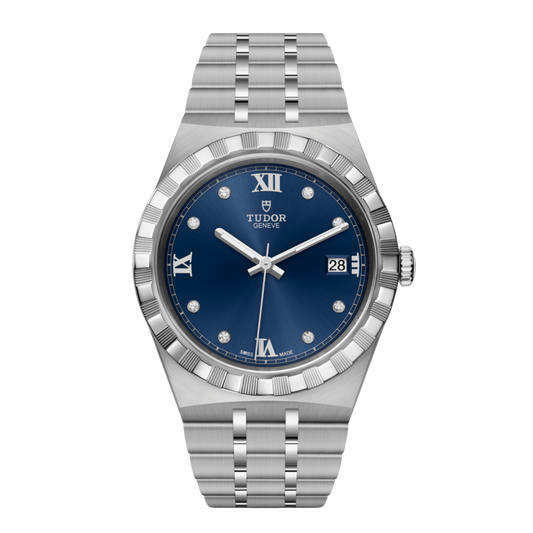 Tudor stainless steel watch with blue dial, diamond hour markers and fluted bezel