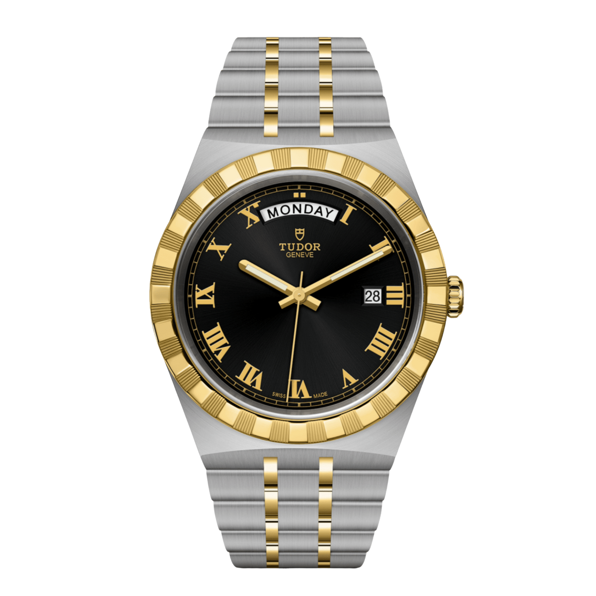 Tudor stainless steel and yellow gold watch with black sunray dial, Roman numerals, day-date display and notched bezel