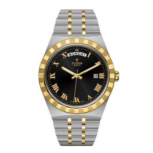 Tudor stainless steel and yellow gold watch with black sunray dial, Roman numerals, day-date display and notched bezel