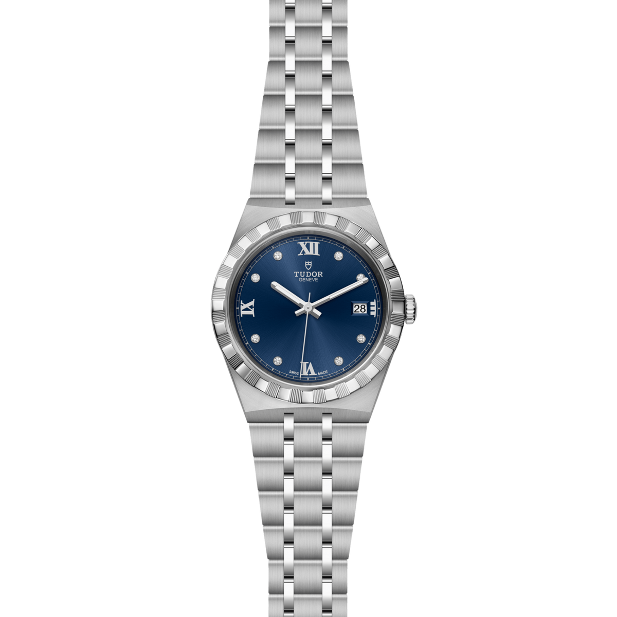 full view of Tudor watch showing the complete stainless steel bracelet and refined integrated case design