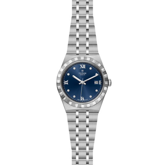 full view of Tudor watch showing the complete stainless steel bracelet and refined integrated case design
