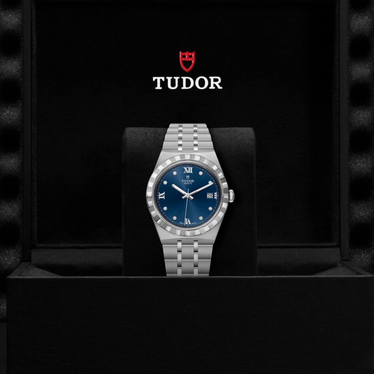 Tudor watch displayed in its presentation box showcasing the premium packaging and interior finish