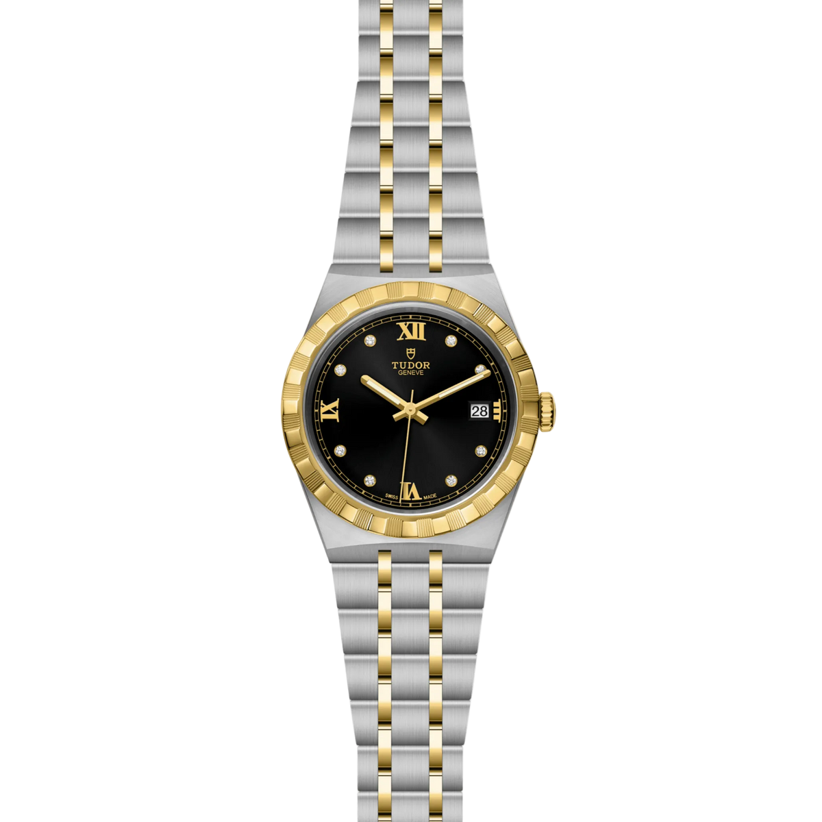 Two-tone watch with black dial and gold accents on a white background