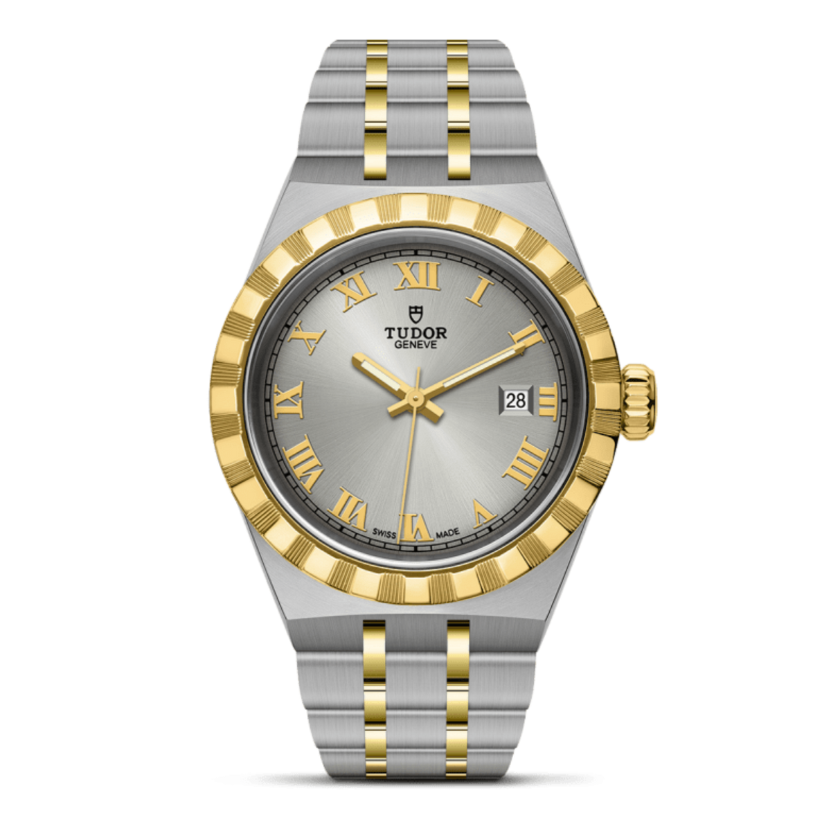 Tudor two-tone stainless steel and gold watch with silver dial, Roman numerals and fluted gold bezel