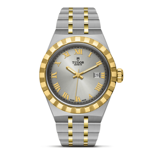 Tudor two-tone stainless steel and gold watch with silver dial, Roman numerals and fluted gold bezel