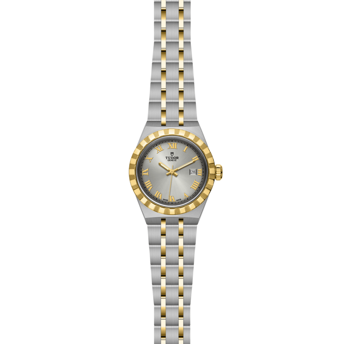 full view of Tudor two-tone watch showing the complete steel and gold bracelet and refined case profile