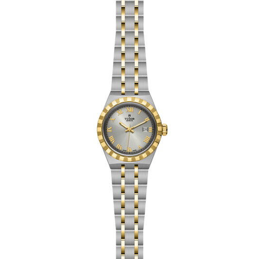 full view of Tudor two-tone watch showing the complete steel and gold bracelet and refined case profile