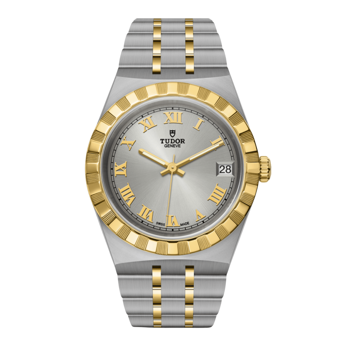 Tudor two-tone stainless steel and gold watch with silver dial, Roman numerals and fluted gold bezel.