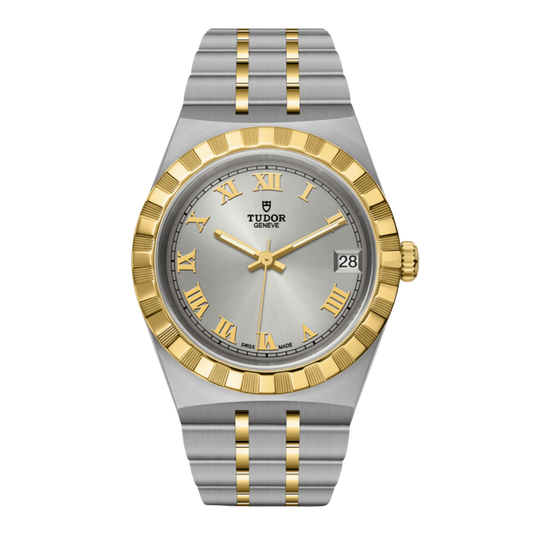 Tudor two-tone stainless steel and gold watch with silver dial, Roman numerals and fluted gold bezel.