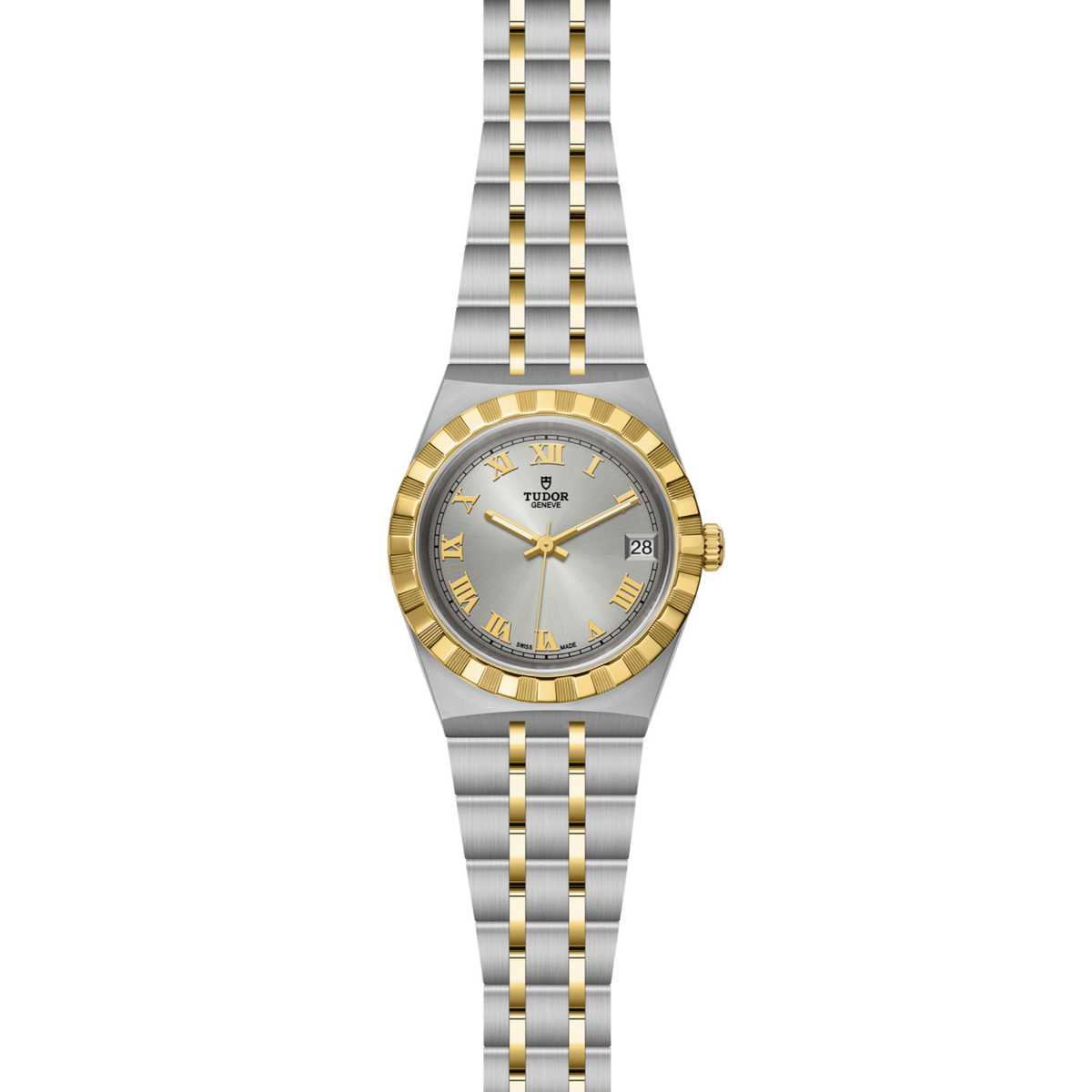 full view of Tudor two-tone watch showing the complete steel and gold bracelet and refined case profile