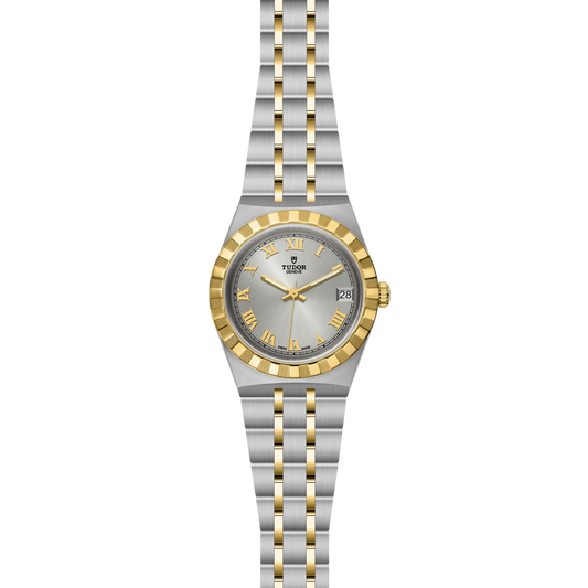 full view of Tudor two-tone watch showing the complete steel and gold bracelet and refined case profile