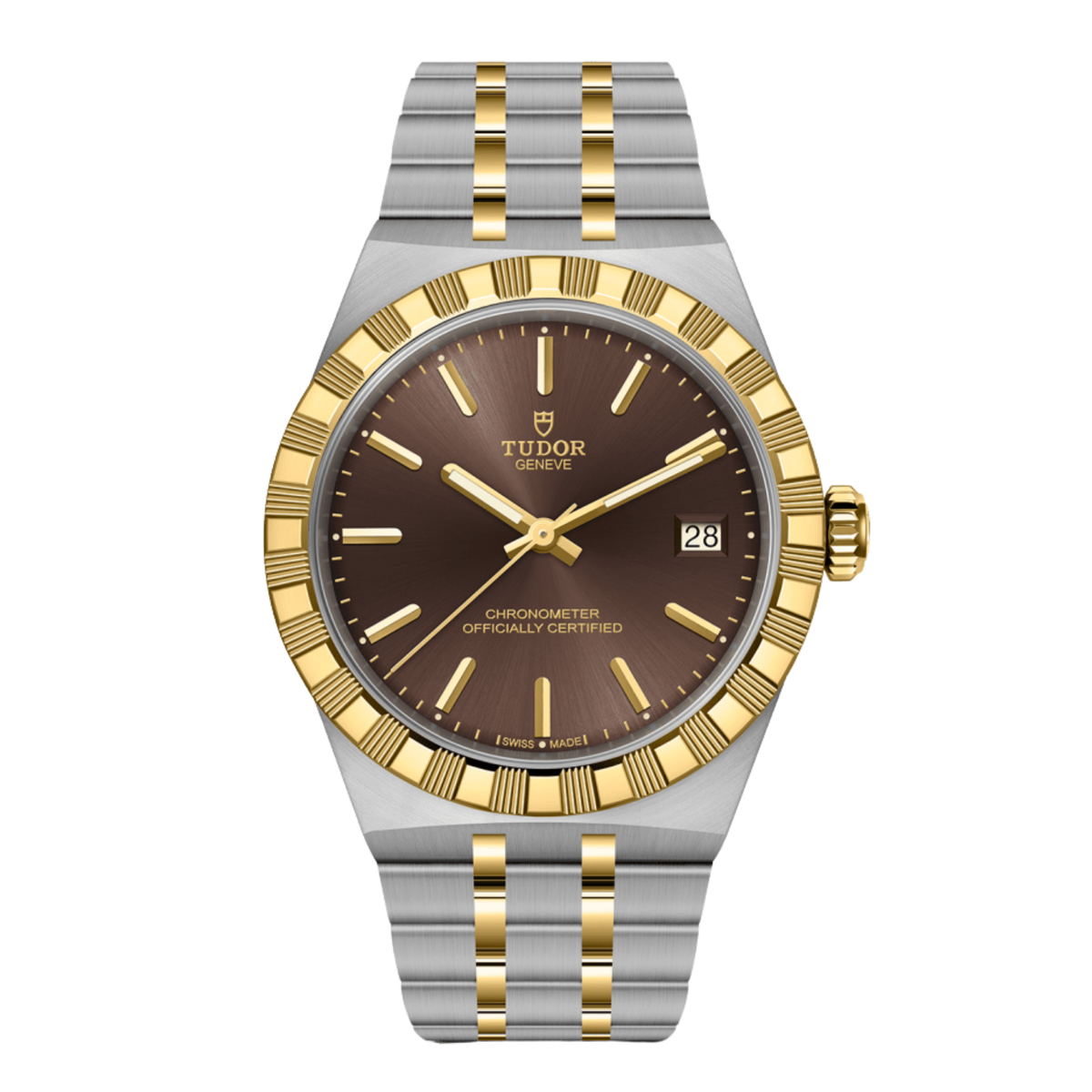 The TUDOR Royal 36mm pairs a rich brown dial with a stainless steel and yellow gold case and bracelet, creating a timeless watch with refined everyday appeal.