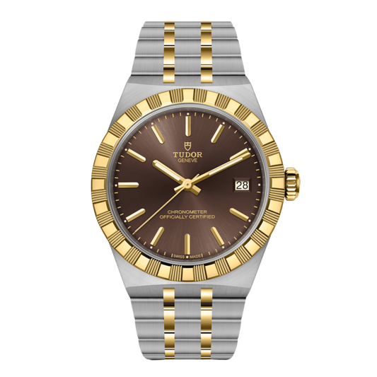 The TUDOR Royal 36mm pairs a rich brown dial with a stainless steel and yellow gold case and bracelet, creating a timeless watch with refined everyday appeal.