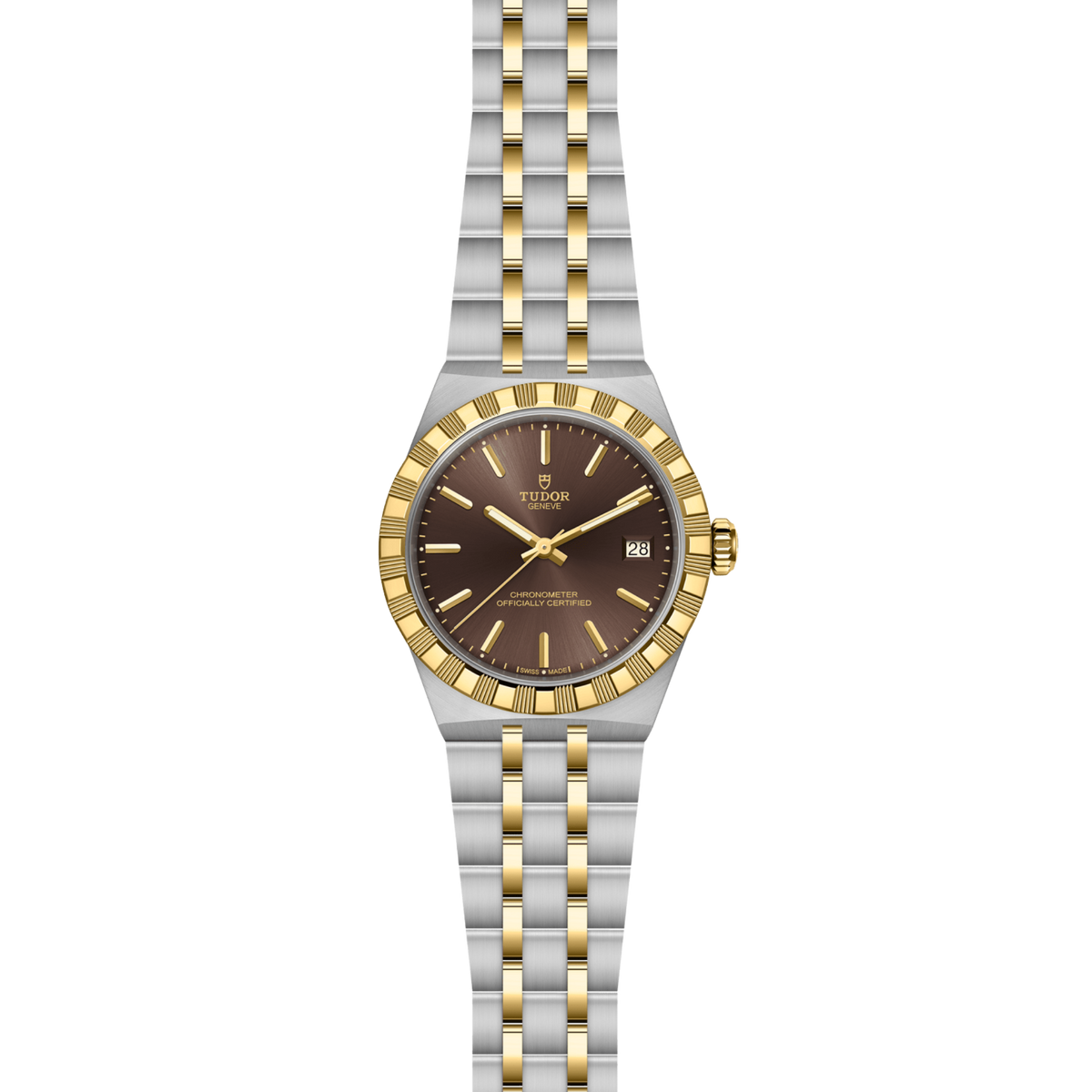 Elegant and versatile, this TUDOR Royal features an automatic COSC-certified movement, a striking brown dial and a beautifully finished integrated two-tone bracelet.