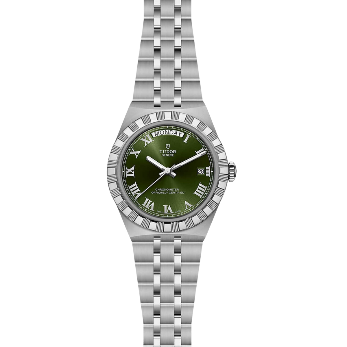 Discover the TUDOR Royal 40mm Automatic Watch, featuring a green Roman numeral dial, Manufacture Calibre MT5633 and integrated stainless steel bracelet.