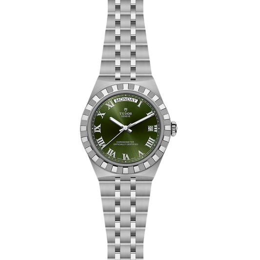 Discover the TUDOR Royal 40mm Automatic Watch, featuring a green Roman numeral dial, Manufacture Calibre MT5633 and integrated stainless steel bracelet.