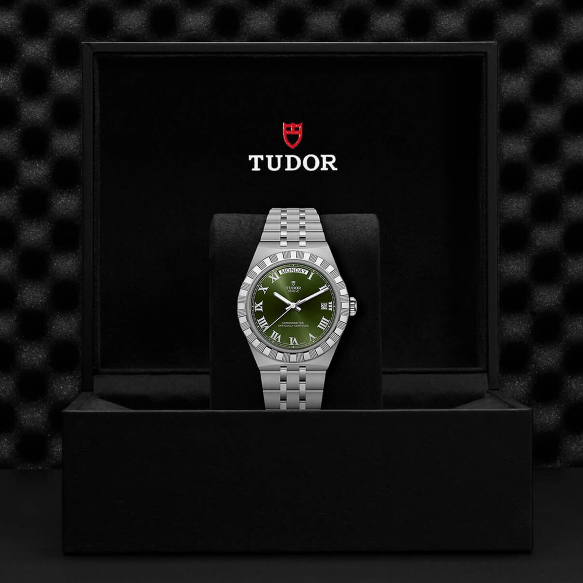 TUDOR Royal automatic watch featuring a 40mm stainless steel case, green Roman numeral day-date dial and integrated five-link steel bracelet with T-fit clasp.