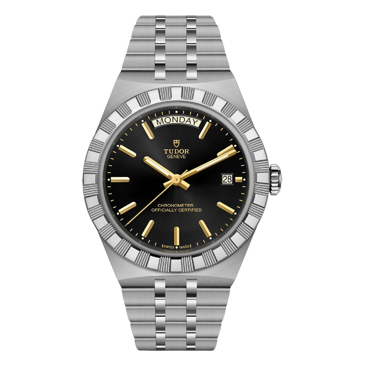TUDOR Royal 40mm watch featuring a striking black dial, polished stainless steel case and integrated five-link bracelet, combining timeless elegance with Swiss watchmaking precision.
