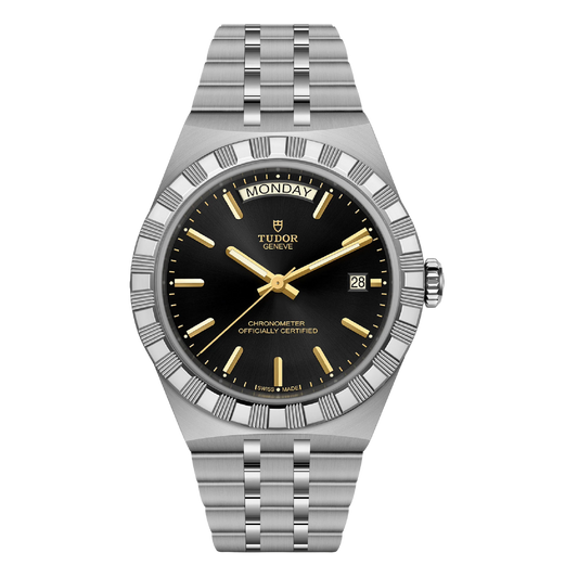 TUDOR Royal 40mm watch featuring a striking black dial, polished stainless steel case and integrated five-link bracelet, combining timeless elegance with Swiss watchmaking precision.