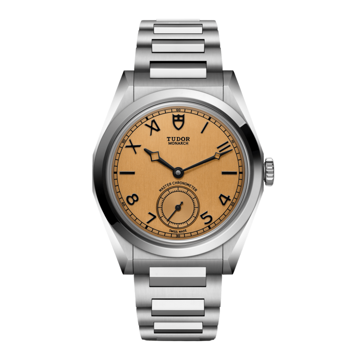 front view of Tudor Monarch salmon dial watch with black Arabic numeral hour markers, small seconds display and stainless steel bracelet.