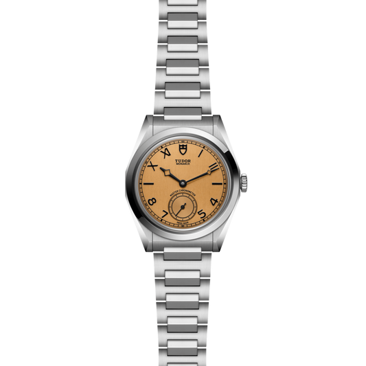Silver watch with a brown face on a white background Tudor
