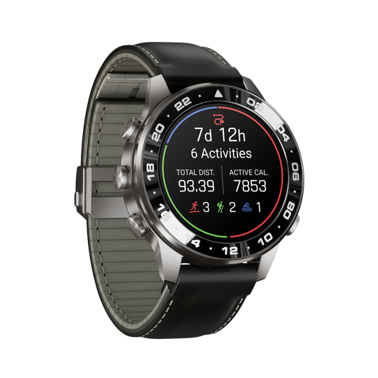  Garmin MARQ Aviator Gen 3 smartwatch featuring a 47mm Grade 5 titanium case, black ceramic UTC bezel, AMOLED display and padded calfskin leather strap.