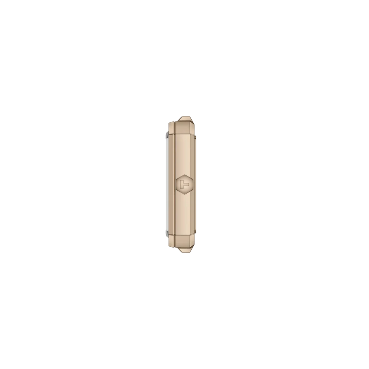 Side profile of the Tissot Lovely Square watch highlighting the slim rose gold-tone rectangular case and signed crown.