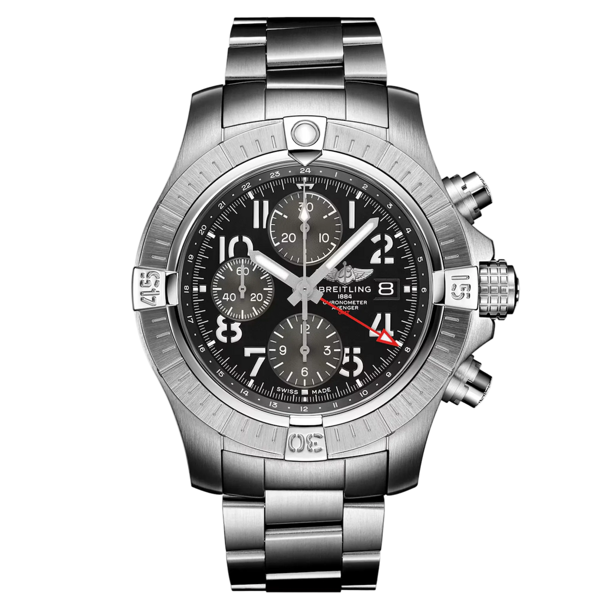 Breitling Avenger Chronograph GMT black dial stainless steel bracelet watch with rider tab bezel and red GMT hand
