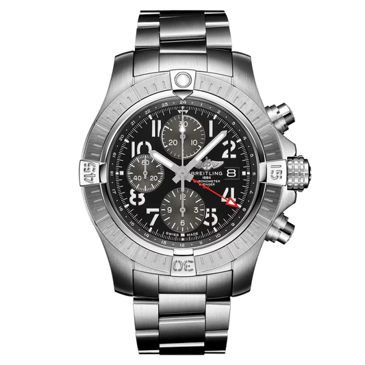 Breitling Avenger Chronograph GMT black dial stainless steel bracelet watch with rider tab bezel and red GMT hand