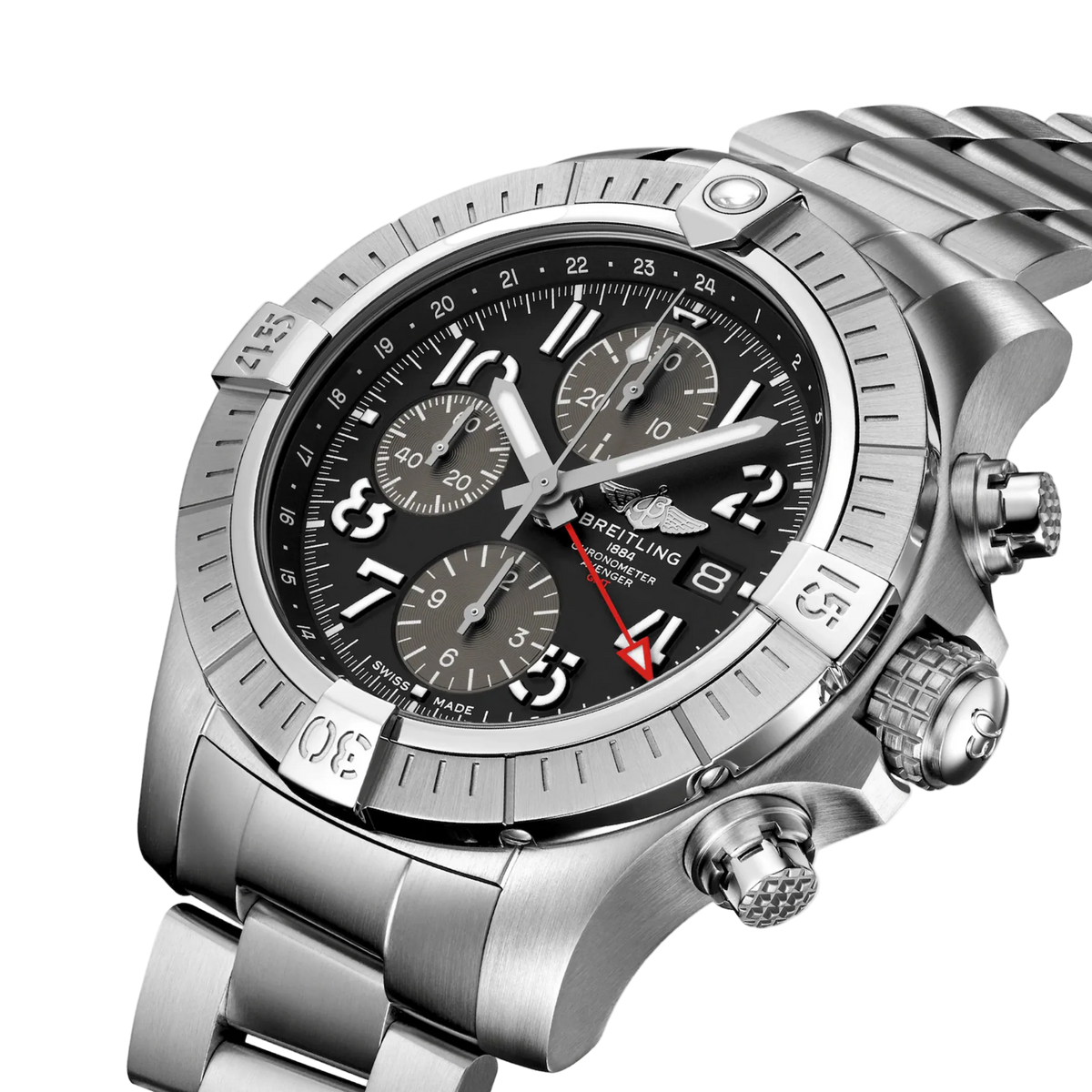 side view of Breitling Avenger stainless steel case highlighting the crown guards, pushers and rugged construction