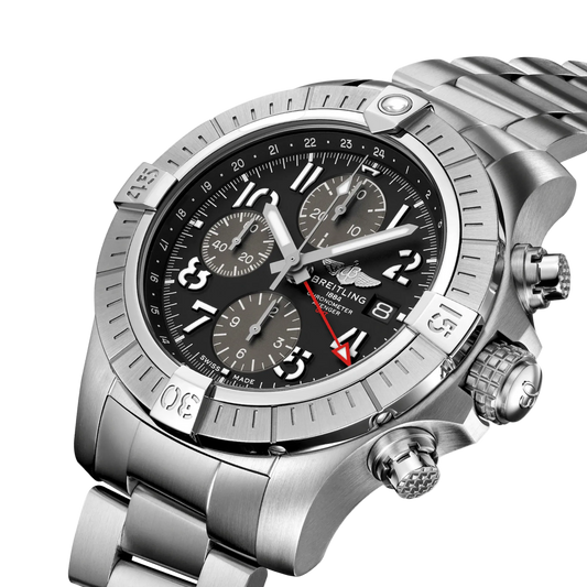 side view of Breitling Avenger stainless steel case highlighting the crown guards, pushers and rugged construction