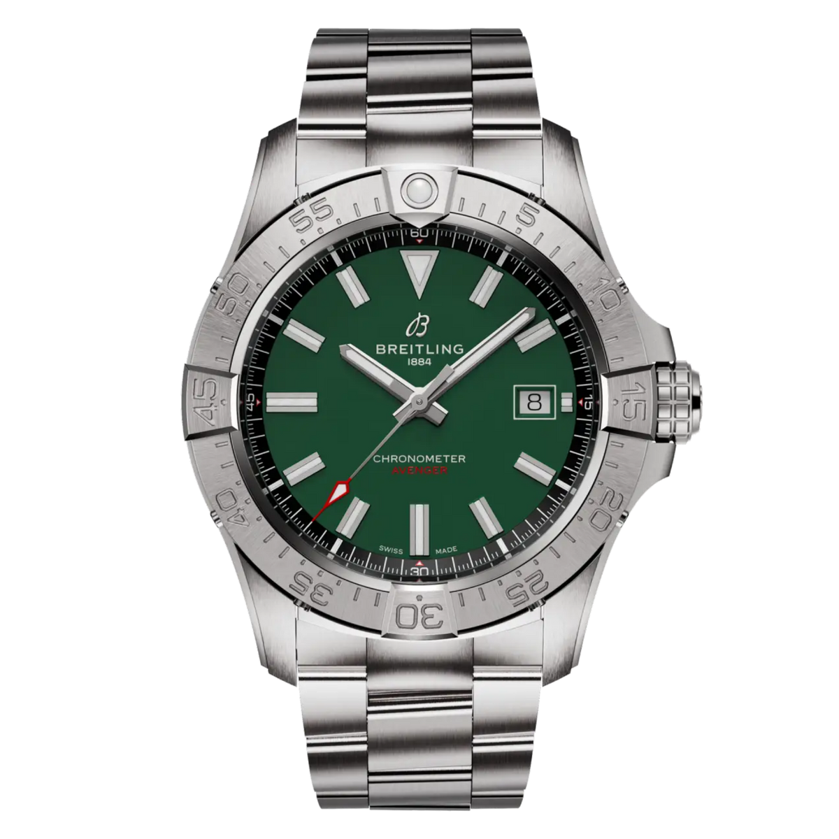 Green dial Breitling Avenger chronometer watch with stainless steel bracelet