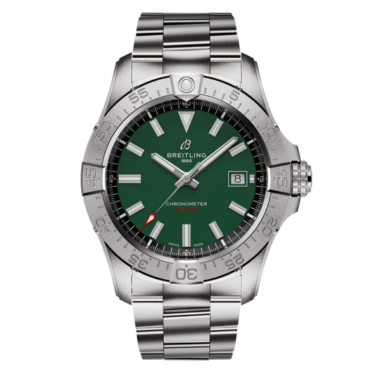 Green dial Breitling Avenger chronometer watch with stainless steel bracelet