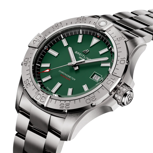 Green dial Breitling Avenger chronometer watch with stainless steel bracelet