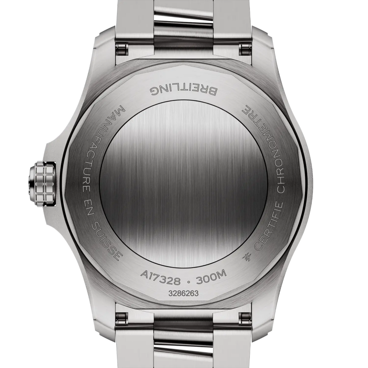 Stainless steel Breitling watch back with engraved details and 300M water resistance
