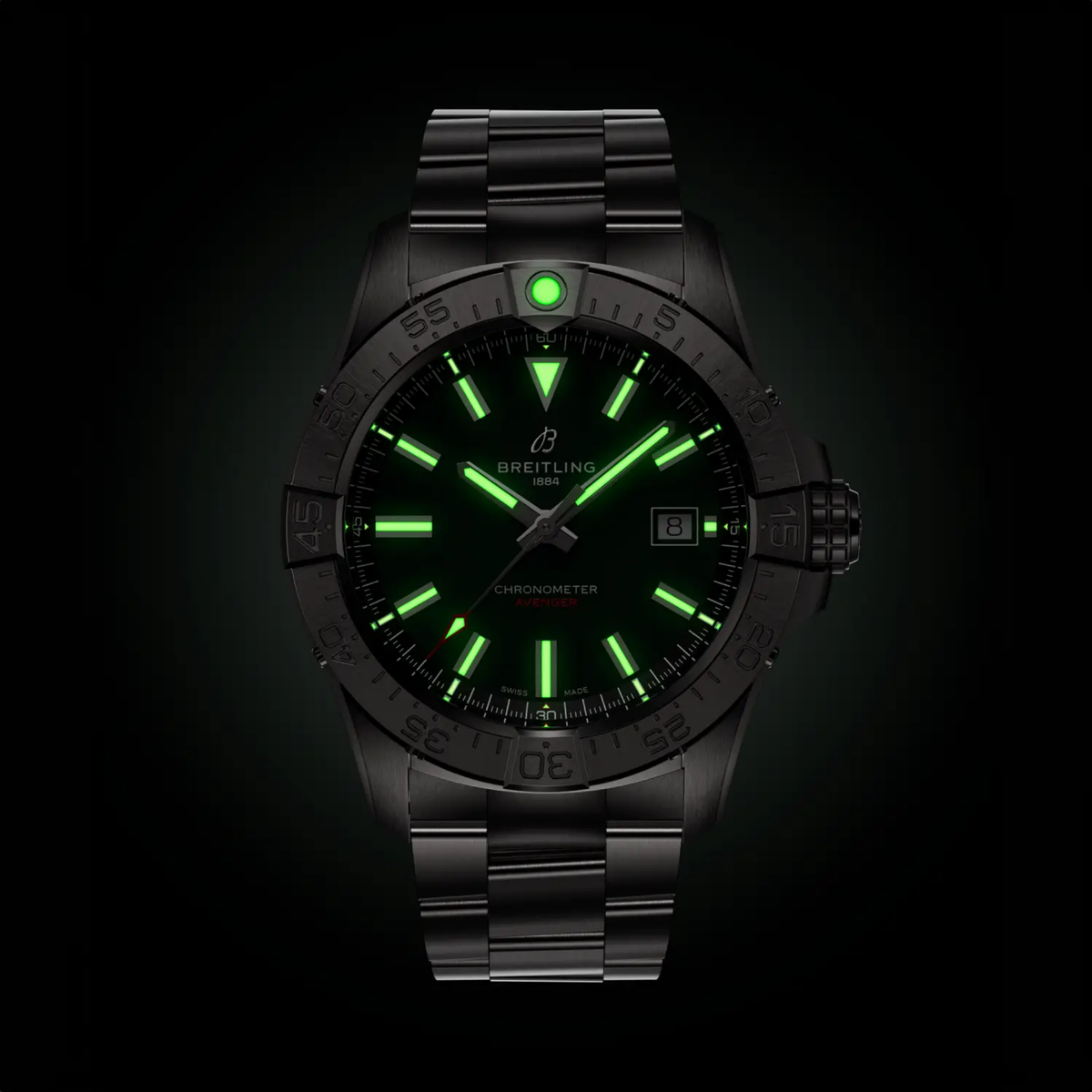 Breitling Avenger Chronometer watch with glowing green markers and black steel band