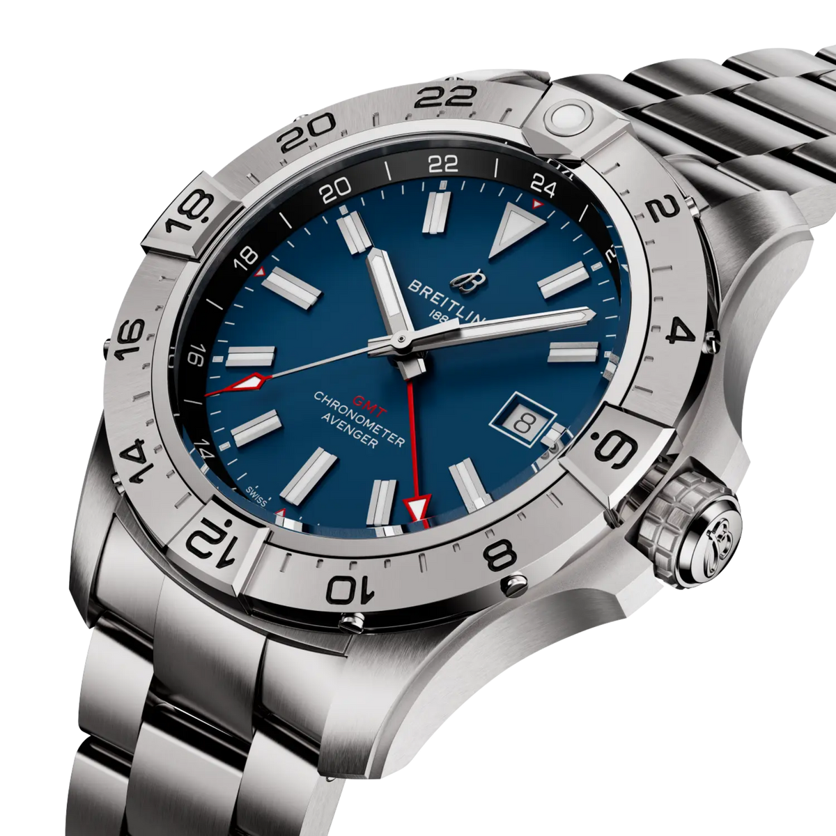 Luxury stainless steel watch with blue dial, GMT chronometer, and date display