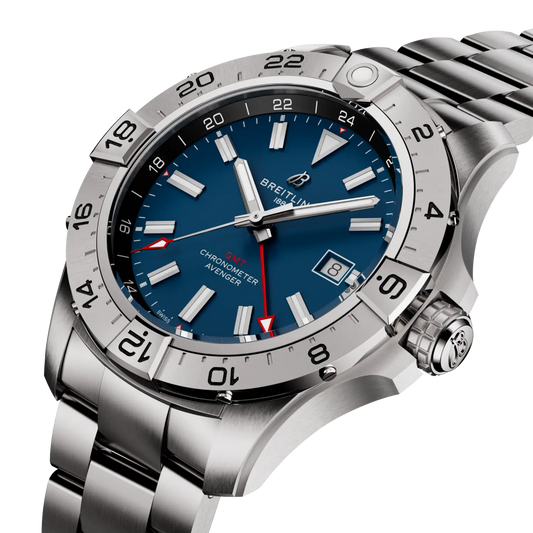 Luxury stainless steel watch with blue dial, GMT chronometer, and date display