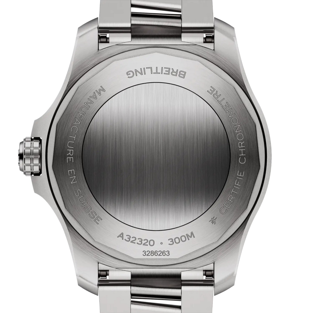 Stainless steel Breitling watch back with engraved details and 300M water resistance